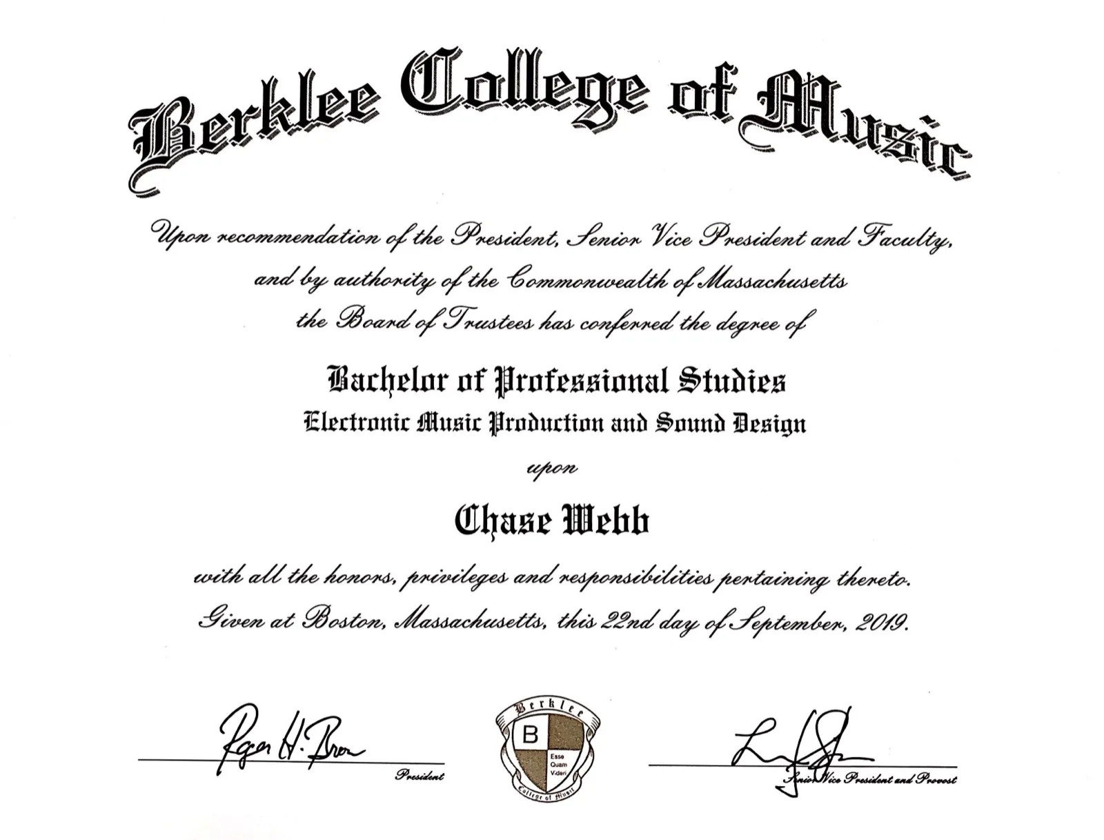 Berklee College of Music — Bachelor of Music diploma