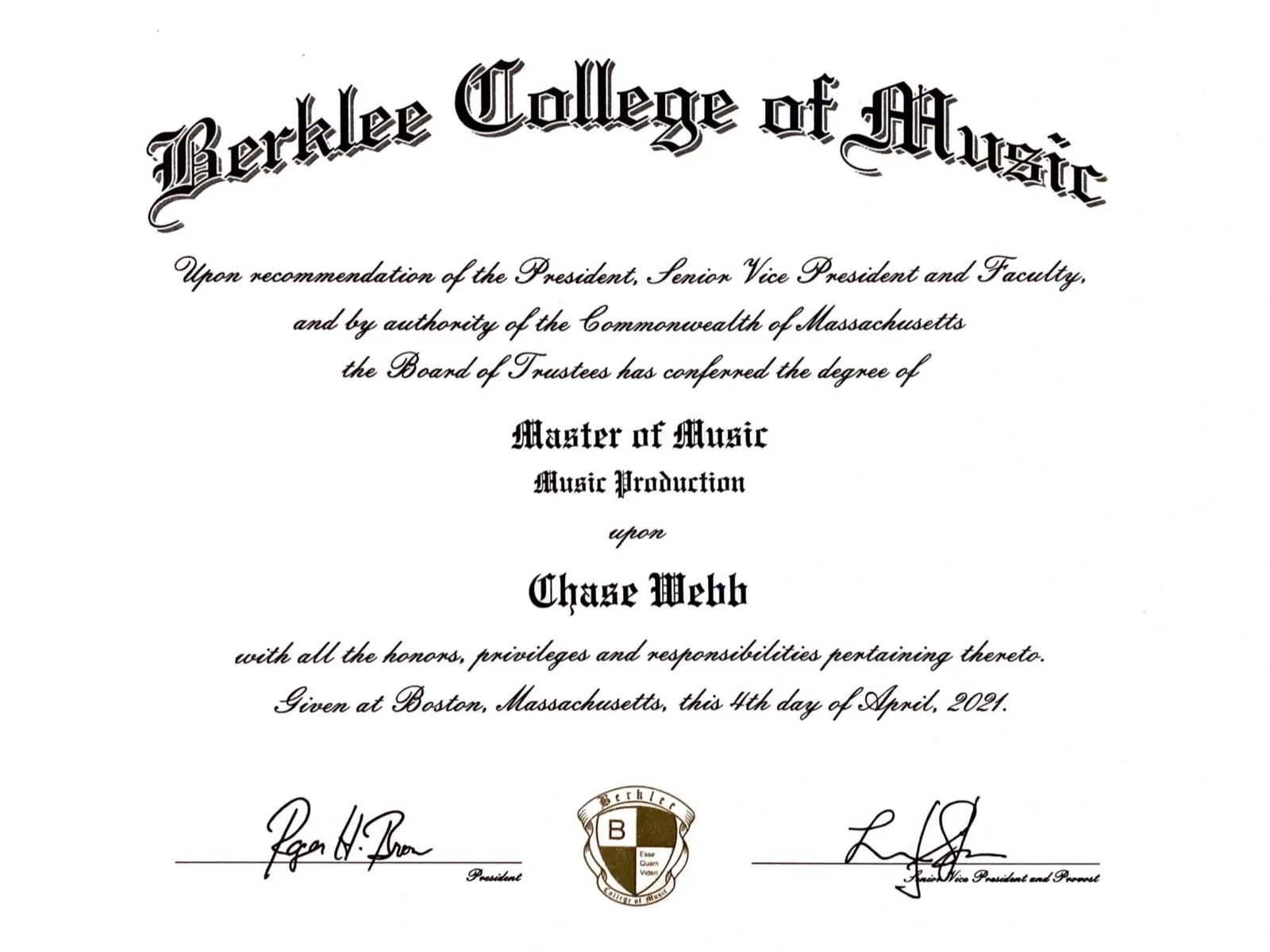 Berklee College of Music — Master of Music Production diploma