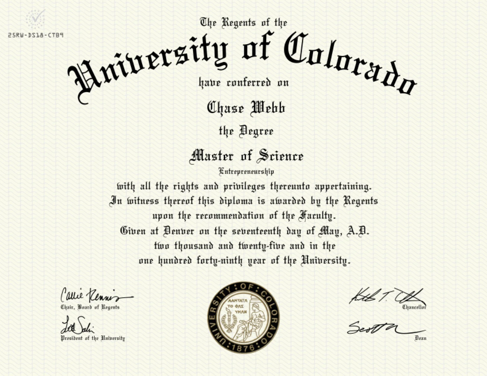 University of Colorado Denver — Master of Science in Entrepreneurship diploma