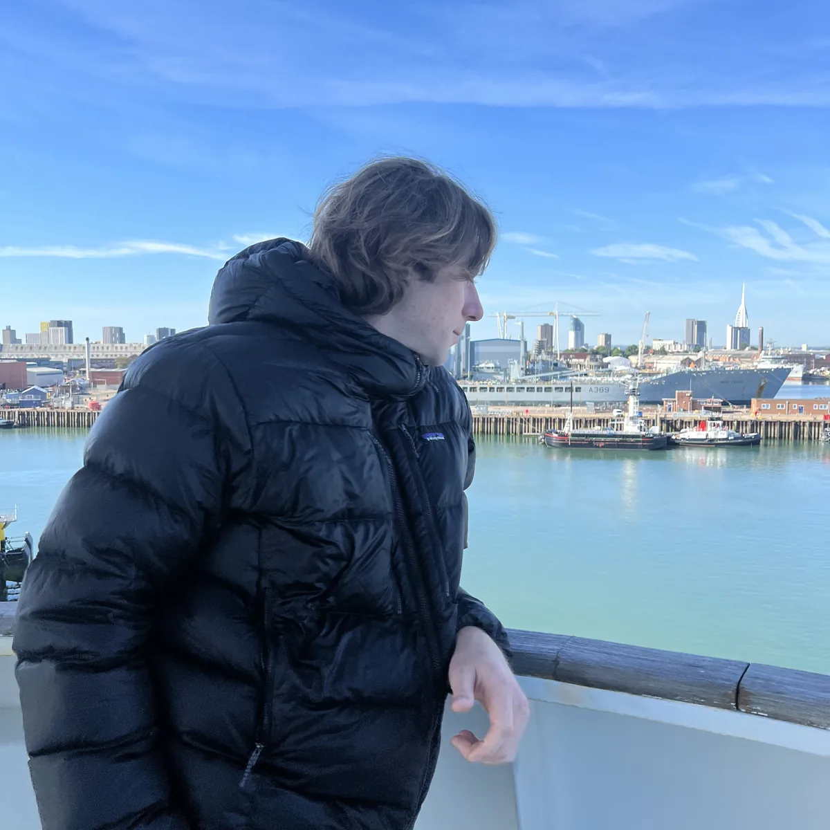 Harbor overlook with naval ships